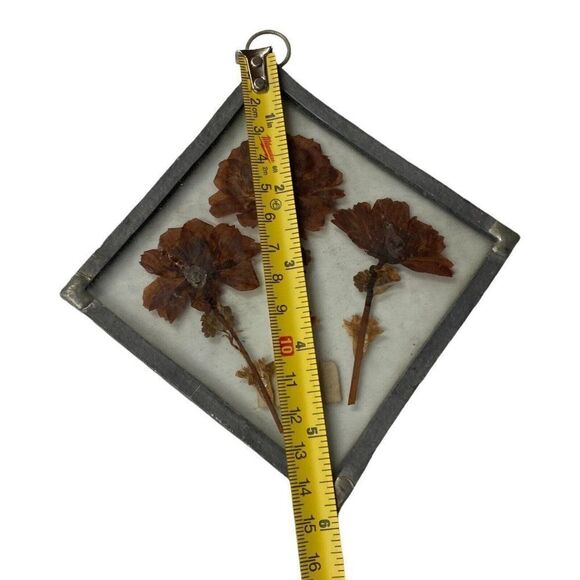 Vtg Handmade Pressed Flowers in Pewter Glass Frame Hanging SunCatcher 6” Square - Picture 3 of 5